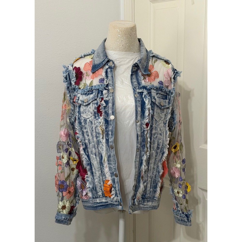 Adore Women's sz L Floral Embroidered Mesh Acid Wash Distressed Denim Jacket